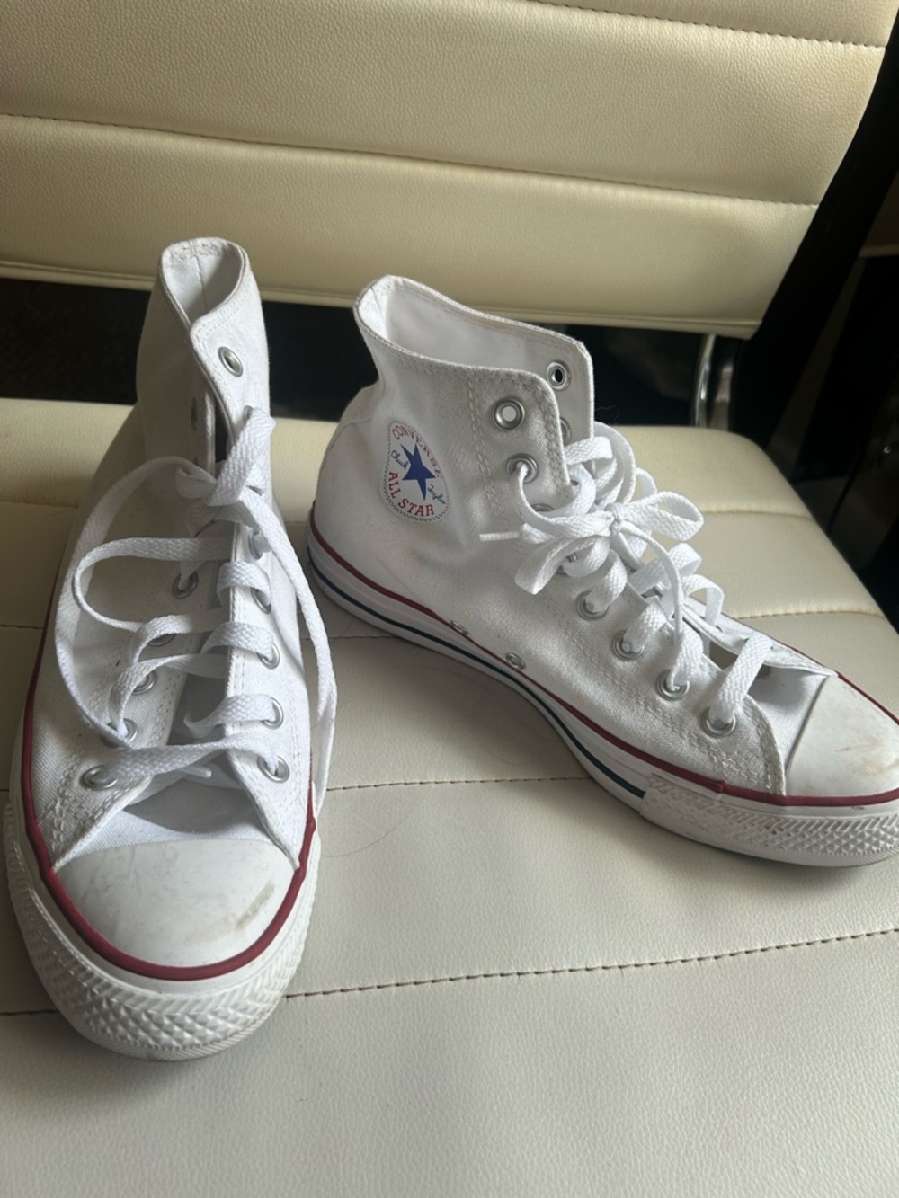 Converse White High Top Sneakers with Red and Blue Trim